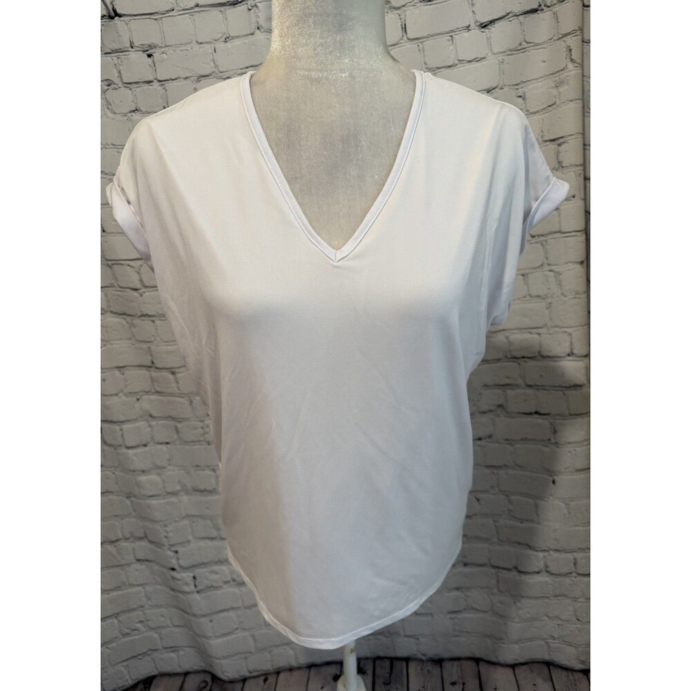 Brigitte Brianna Sexy White Blouse Short Cuffed Sleeves Womens Size Small